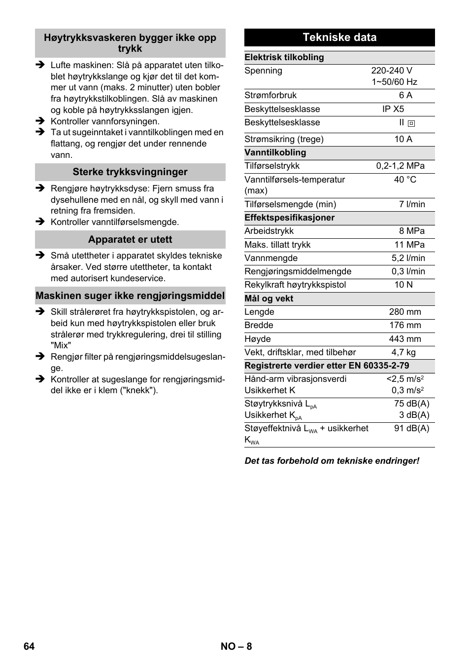 Tekniske data | Karcher K 2 Compact Car User Manual | Page 64 / 196