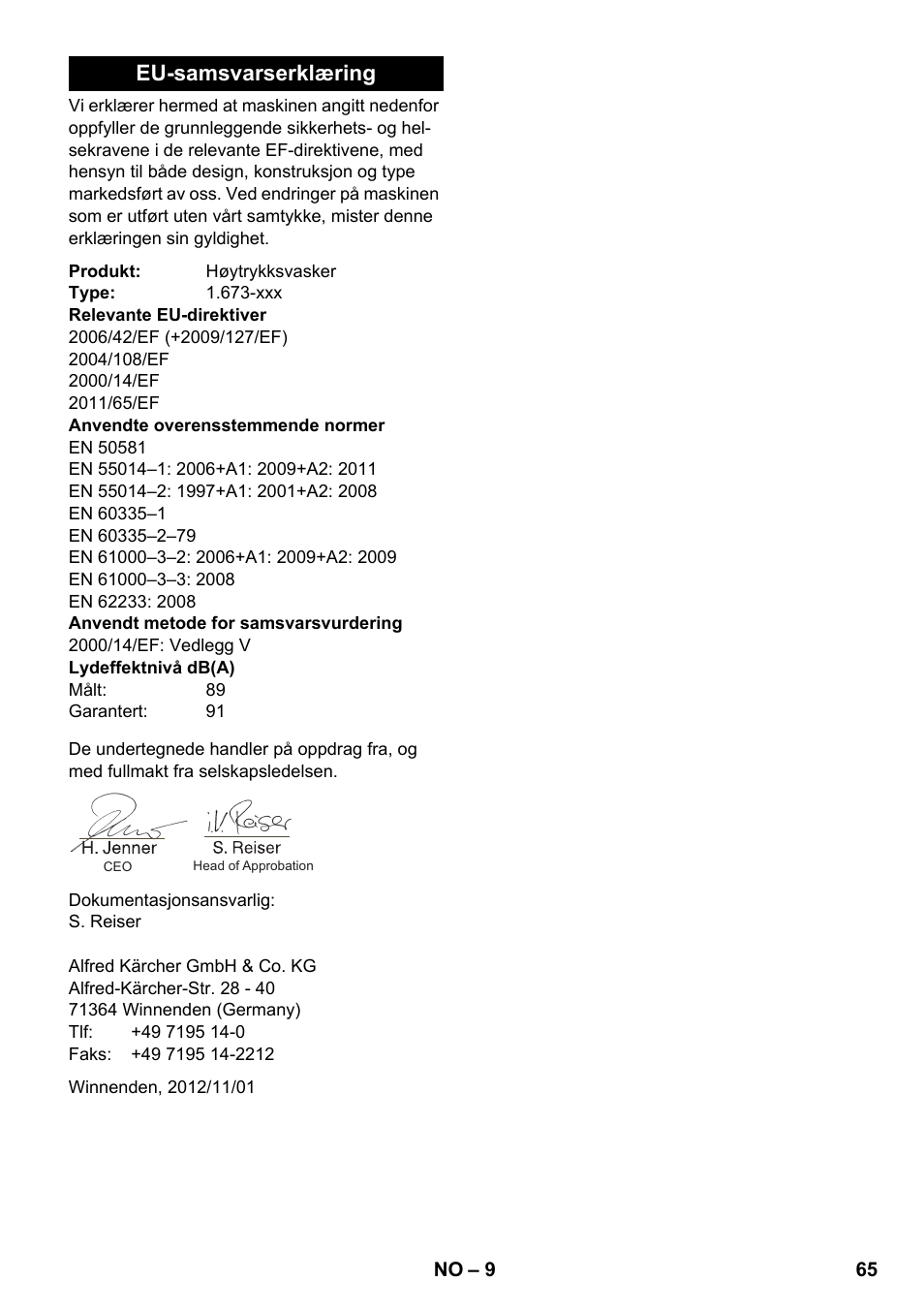 Eu-samsvarserklæring | Karcher K 2 Compact Car User Manual | Page 65 / 196