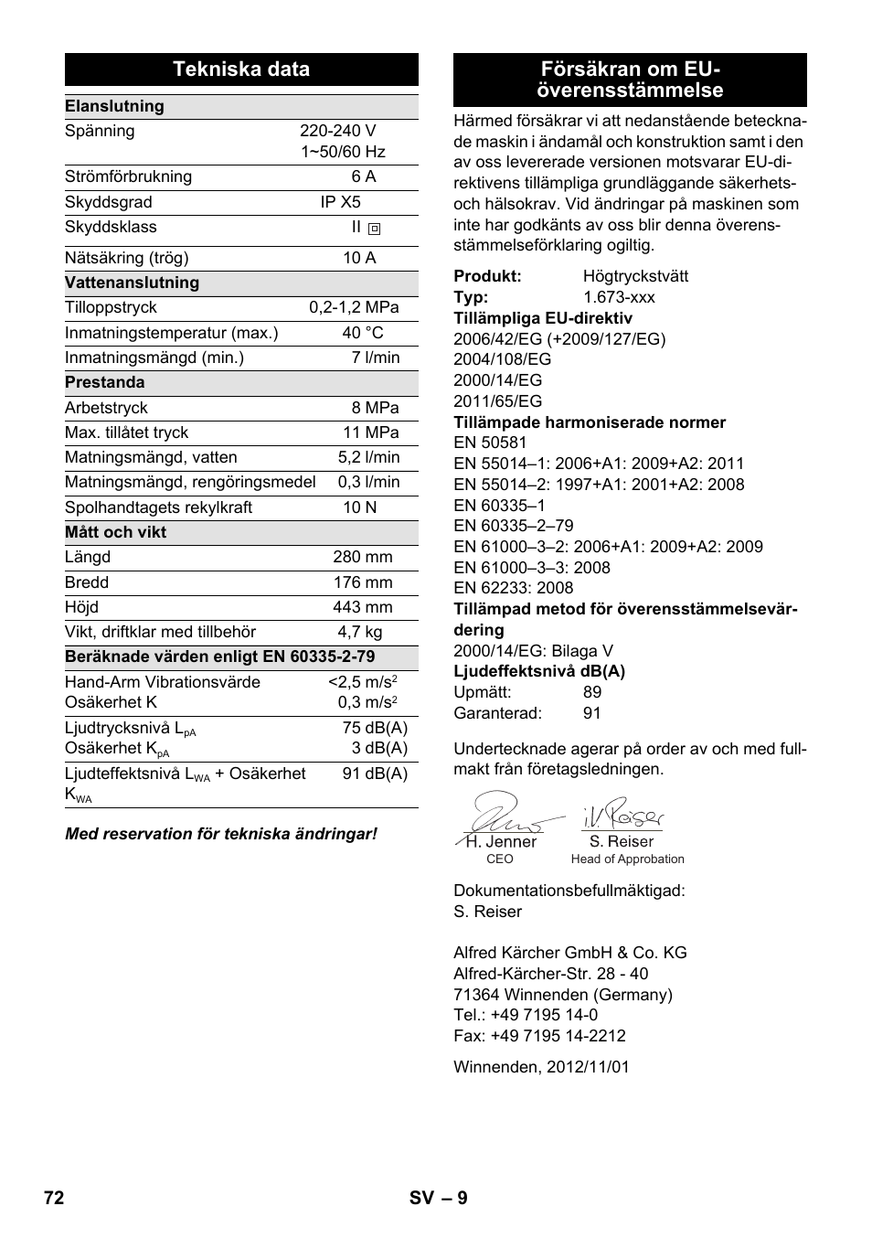 Tekniska data, Försäkran om eu- överensstämmelse | Karcher K 2 Compact Car User Manual | Page 72 / 196