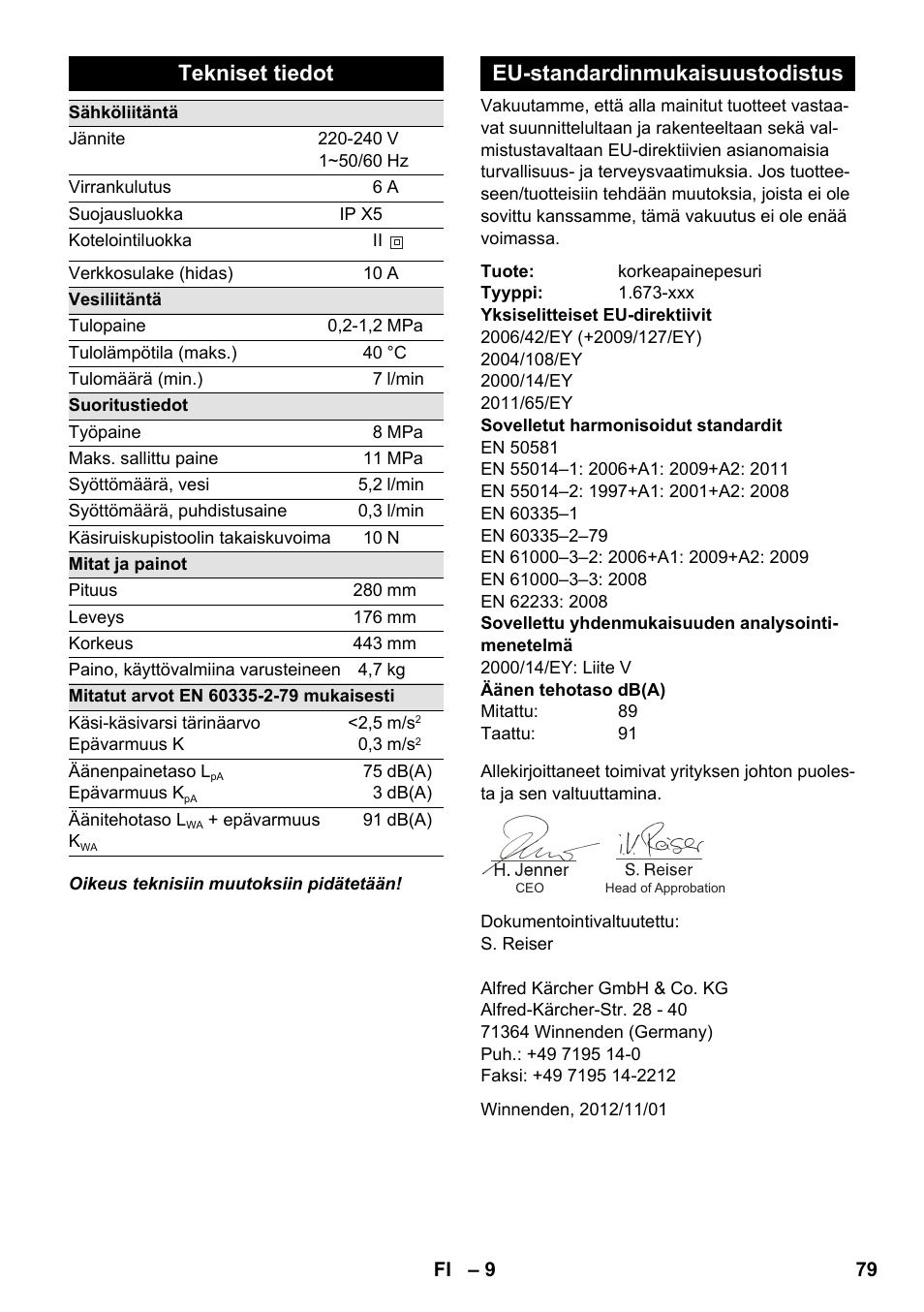 Tekniset tiedot, Eu-standardinmukaisuustodistus | Karcher K 2 Compact Car User Manual | Page 79 / 196