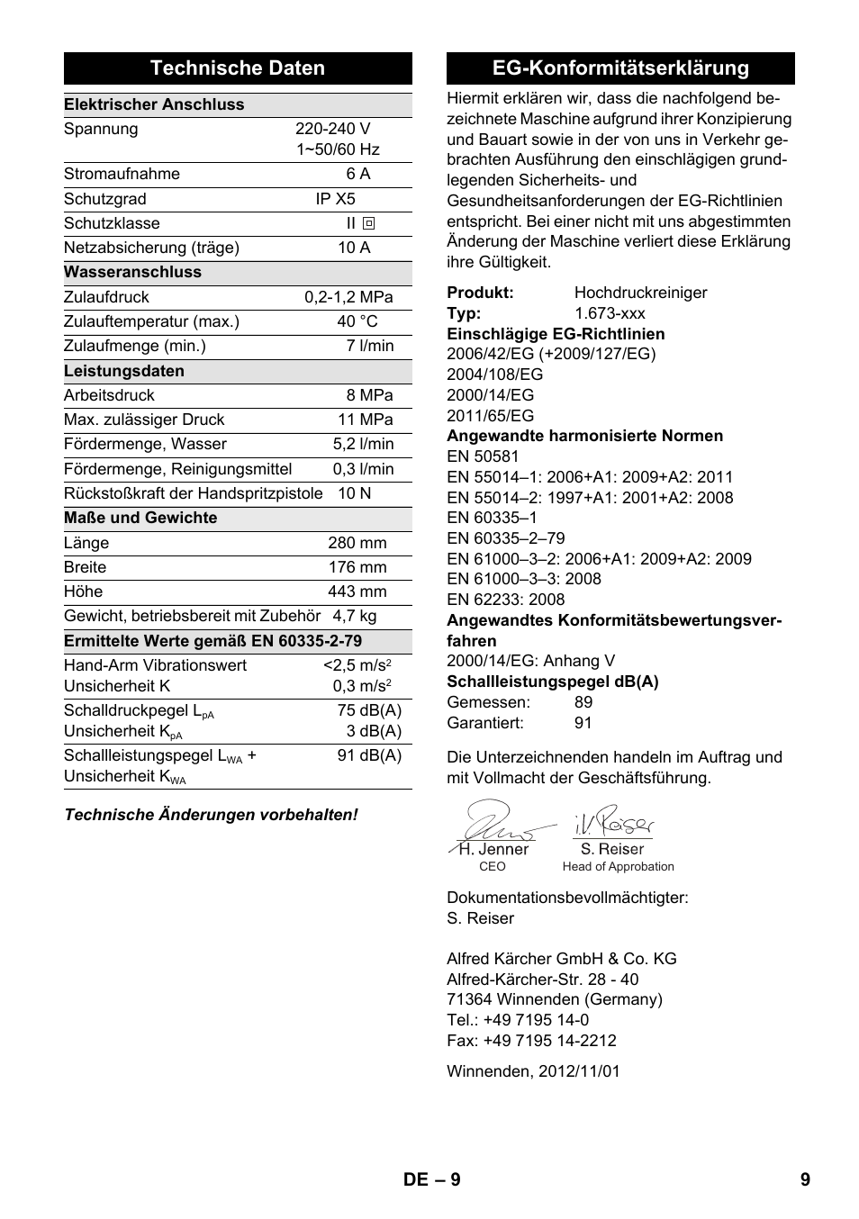 Technische daten, Eg-konformitätserklärung | Karcher K 2 Compact Car User Manual | Page 9 / 196