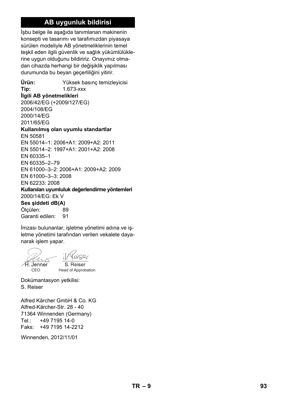 Ab uygunluk bildirisi | Karcher K 2 Compact Car User Manual | Page 93 / 196