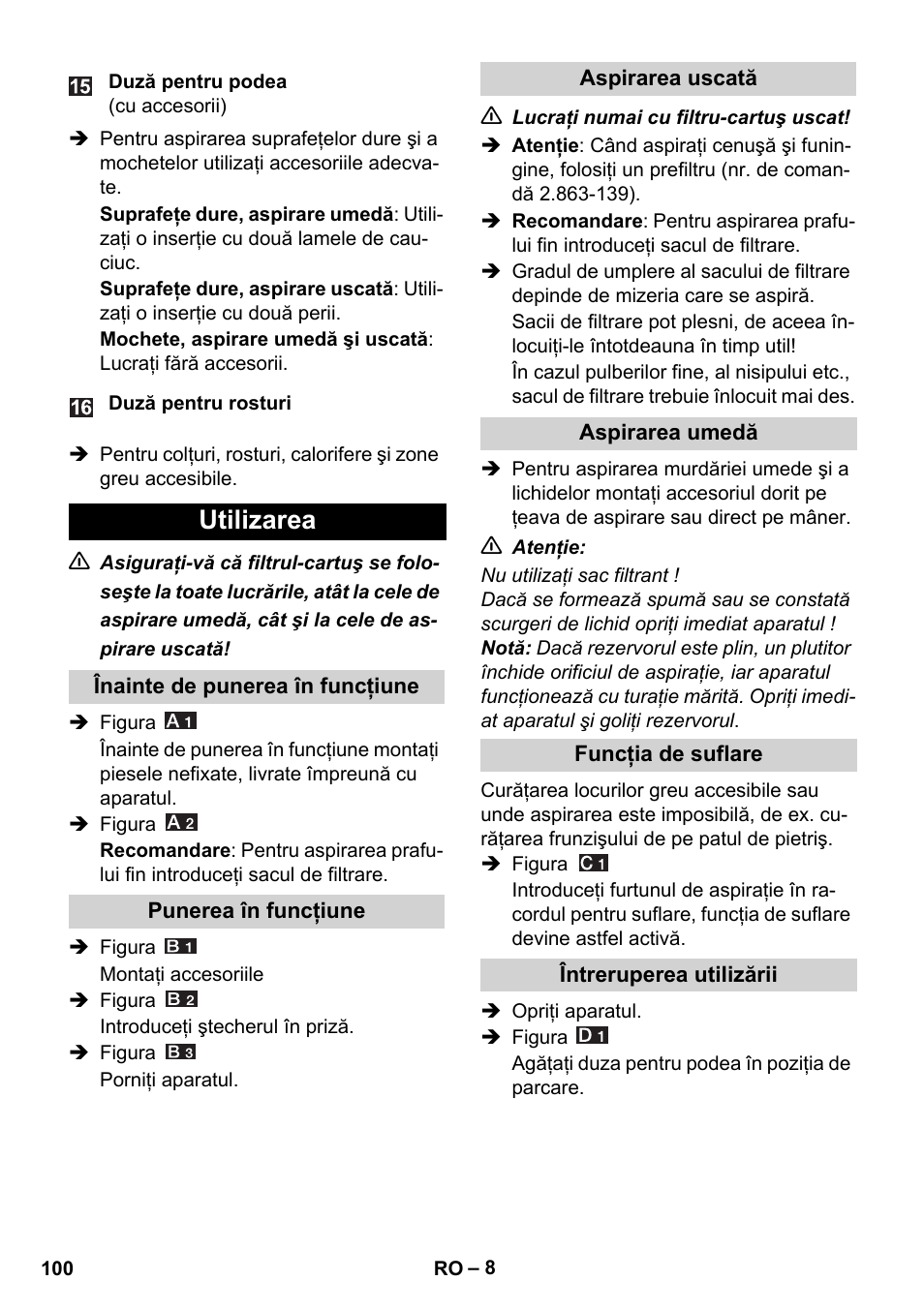 Utilizarea | Karcher WD 5-800 eco!ogic User Manual | Page 100 / 158