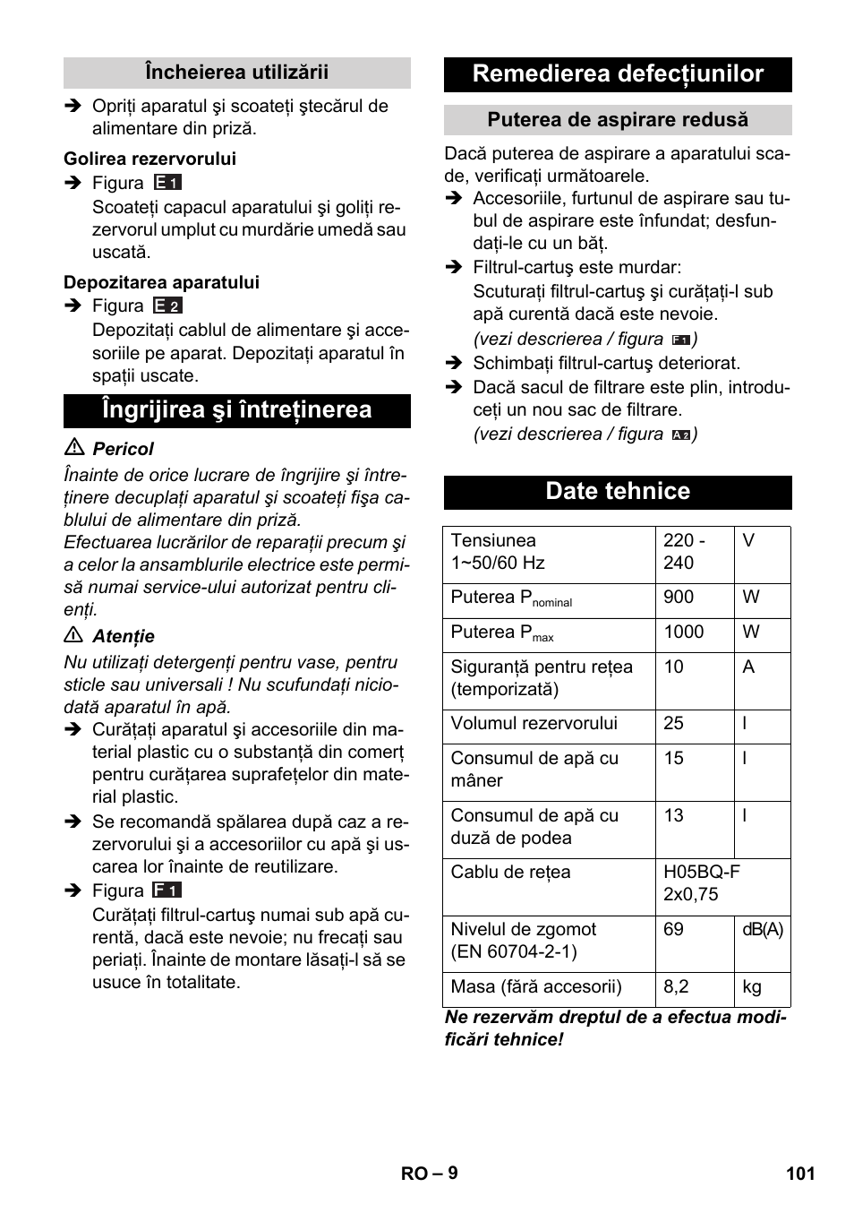 Date tehnice | Karcher WD 5-800 eco!ogic User Manual | Page 101 / 158