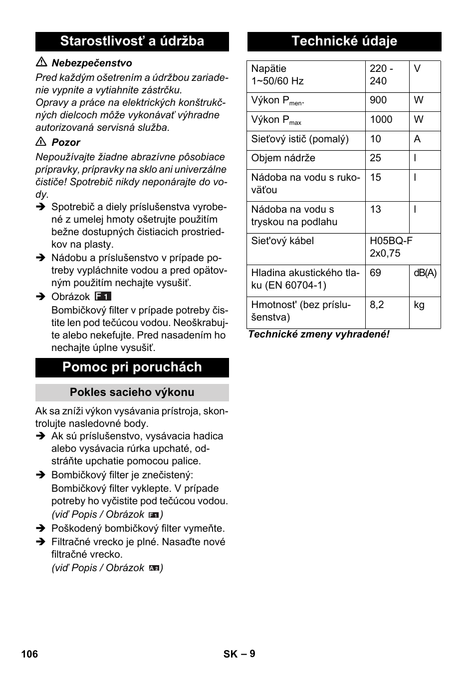 Starostlivosť a údržba pomoc pri poruchách, Technické údaje | Karcher WD 5-800 eco!ogic User Manual | Page 106 / 158