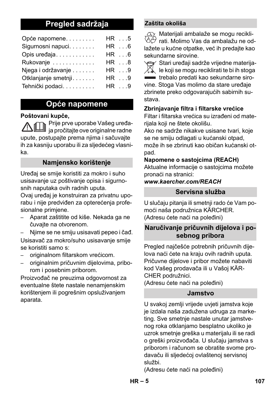 Hrvatski, Pregled sadržaja, Opće napomene | Karcher WD 5-800 eco!ogic User Manual | Page 107 / 158