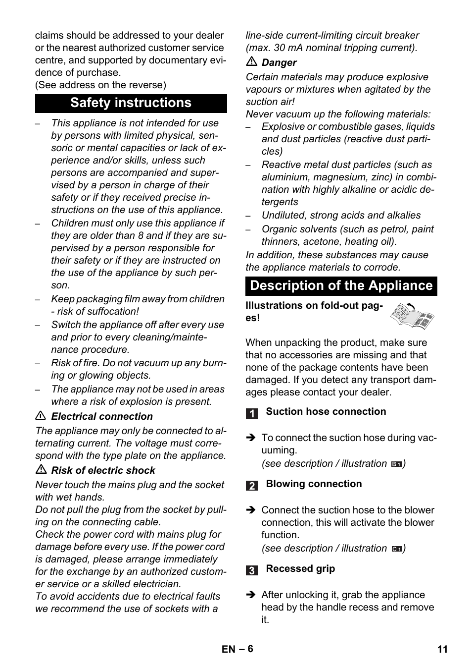 Safety instructions description of the appliance | Karcher WD 5-800 eco!ogic User Manual | Page 11 / 158