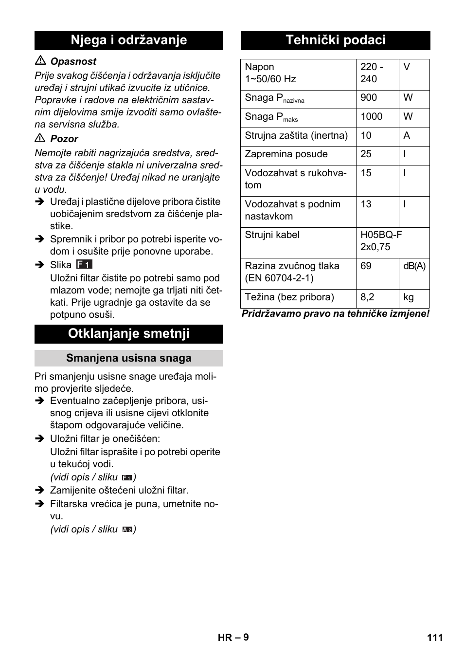 Njega i održavanje otklanjanje smetnji, Tehnički podaci | Karcher WD 5-800 eco!ogic User Manual | Page 111 / 158