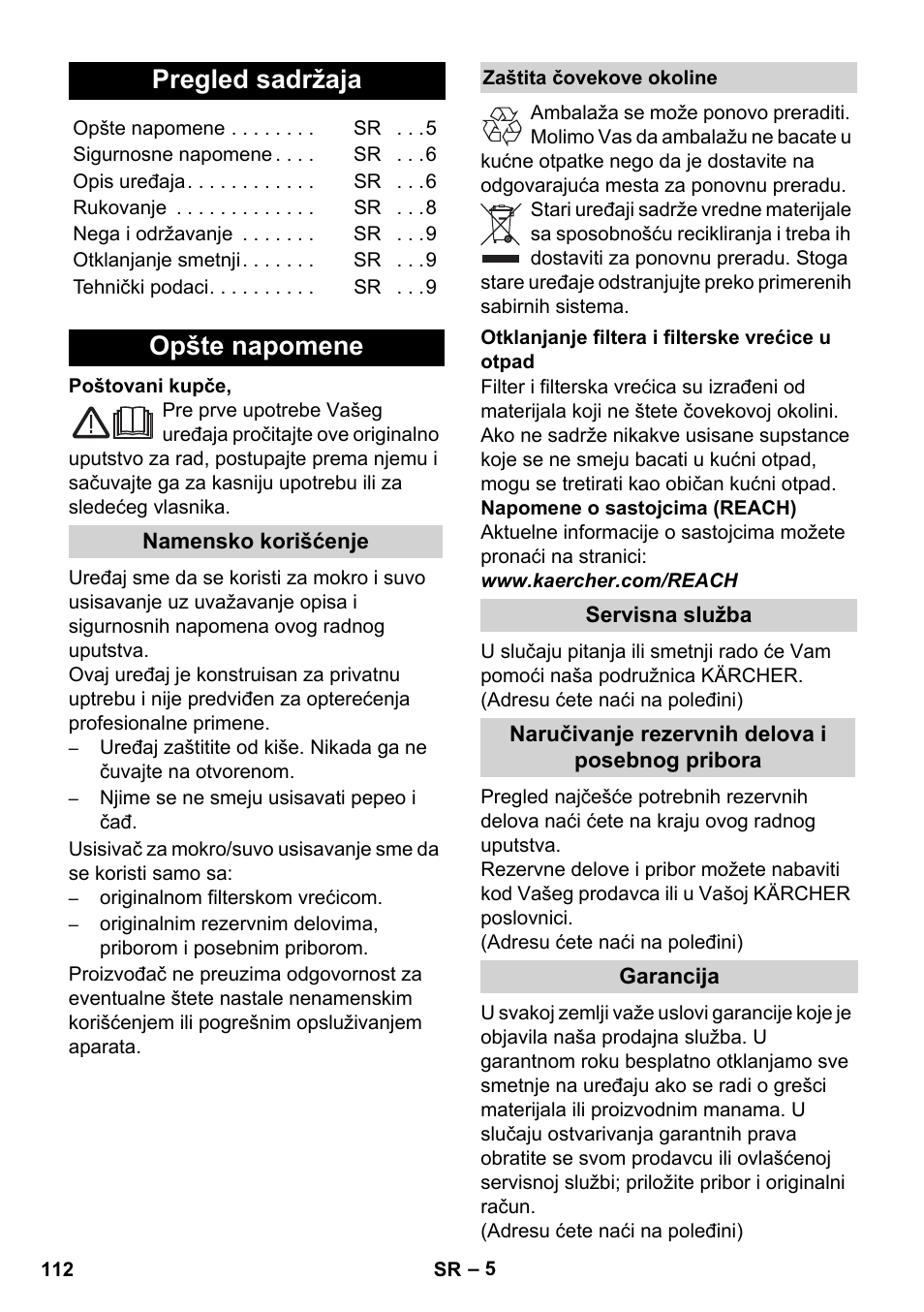 Srpski, Pregled sadržaja, Opšte napomene | Karcher WD 5-800 eco!ogic User Manual | Page 112 / 158