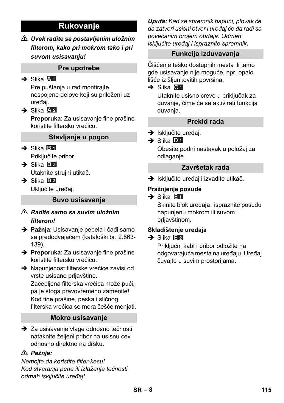 Rukovanje | Karcher WD 5-800 eco!ogic User Manual | Page 115 / 158