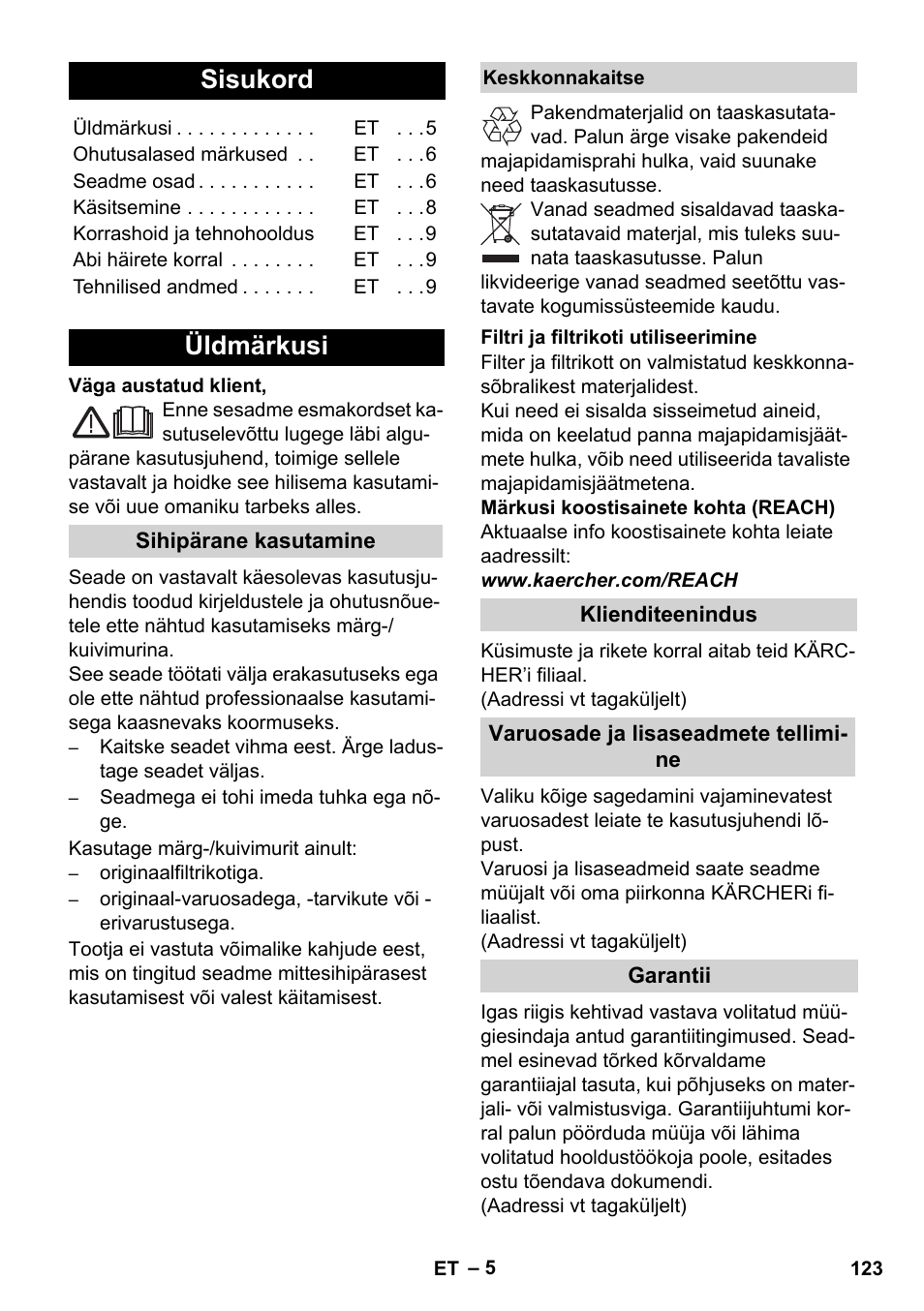 Eesti, Sisukord, Üldmärkusi | Karcher WD 5-800 eco!ogic User Manual | Page 123 / 158