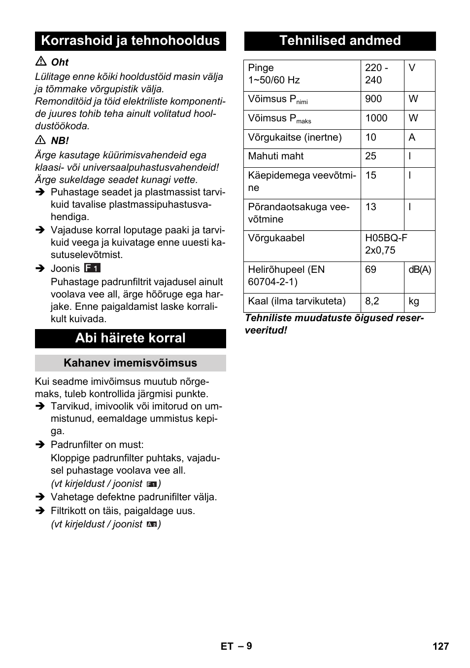 Korrashoid ja tehnohooldus abi häirete korral, Tehnilised andmed | Karcher WD 5-800 eco!ogic User Manual | Page 127 / 158