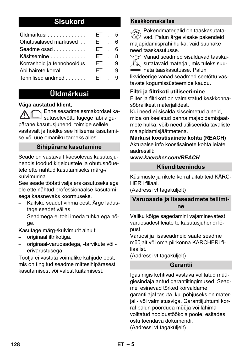 Sisukord, Üldmärkusi | Karcher WD 5-800 eco!ogic User Manual | Page 128 / 158