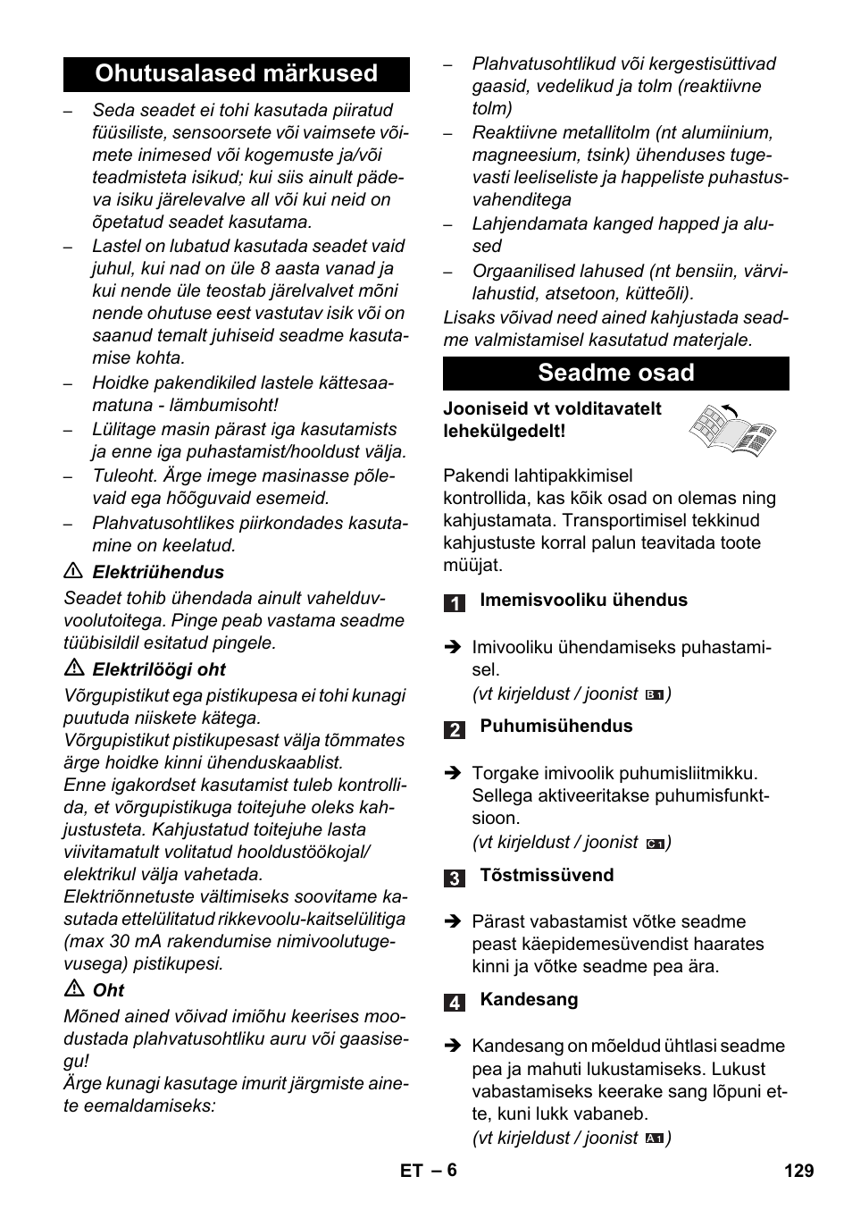 Ohutusalased märkused seadme osad | Karcher WD 5-800 eco!ogic User Manual | Page 129 / 158
