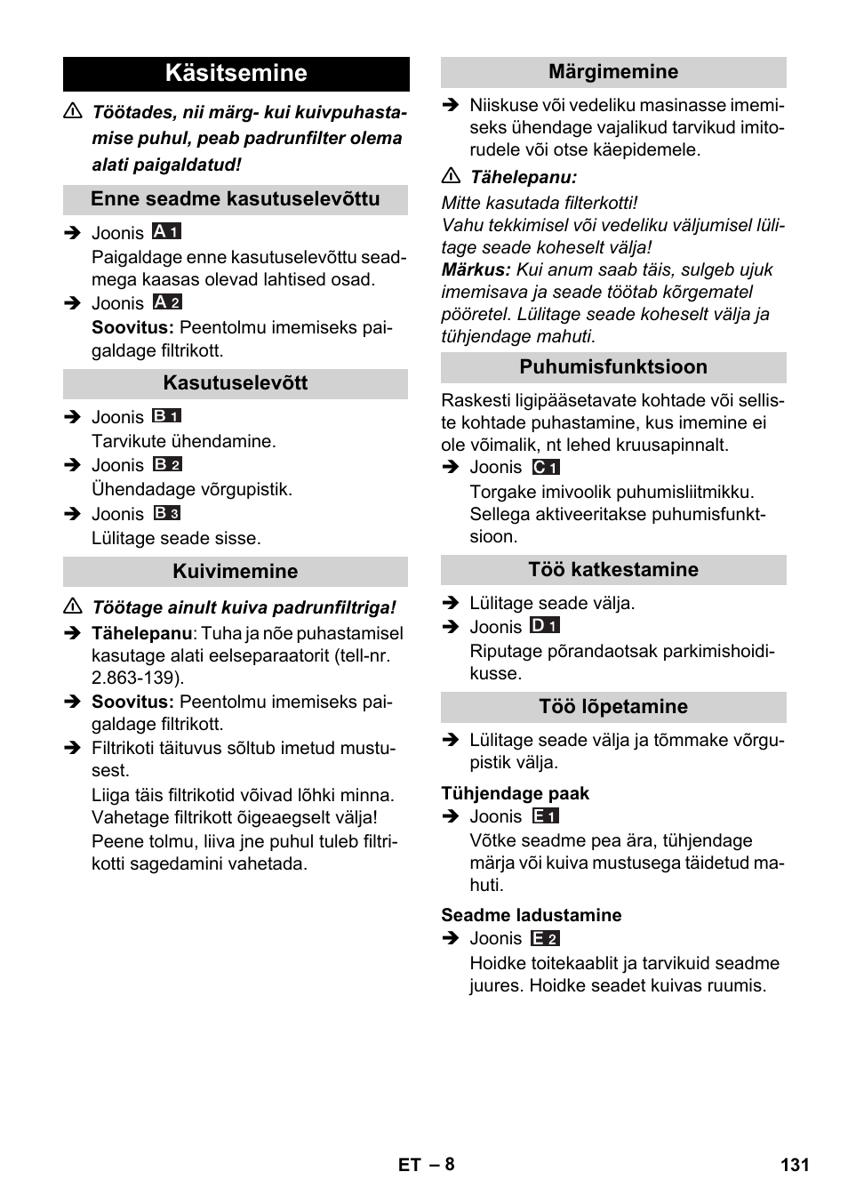 Käsitsemine | Karcher WD 5-800 eco!ogic User Manual | Page 131 / 158