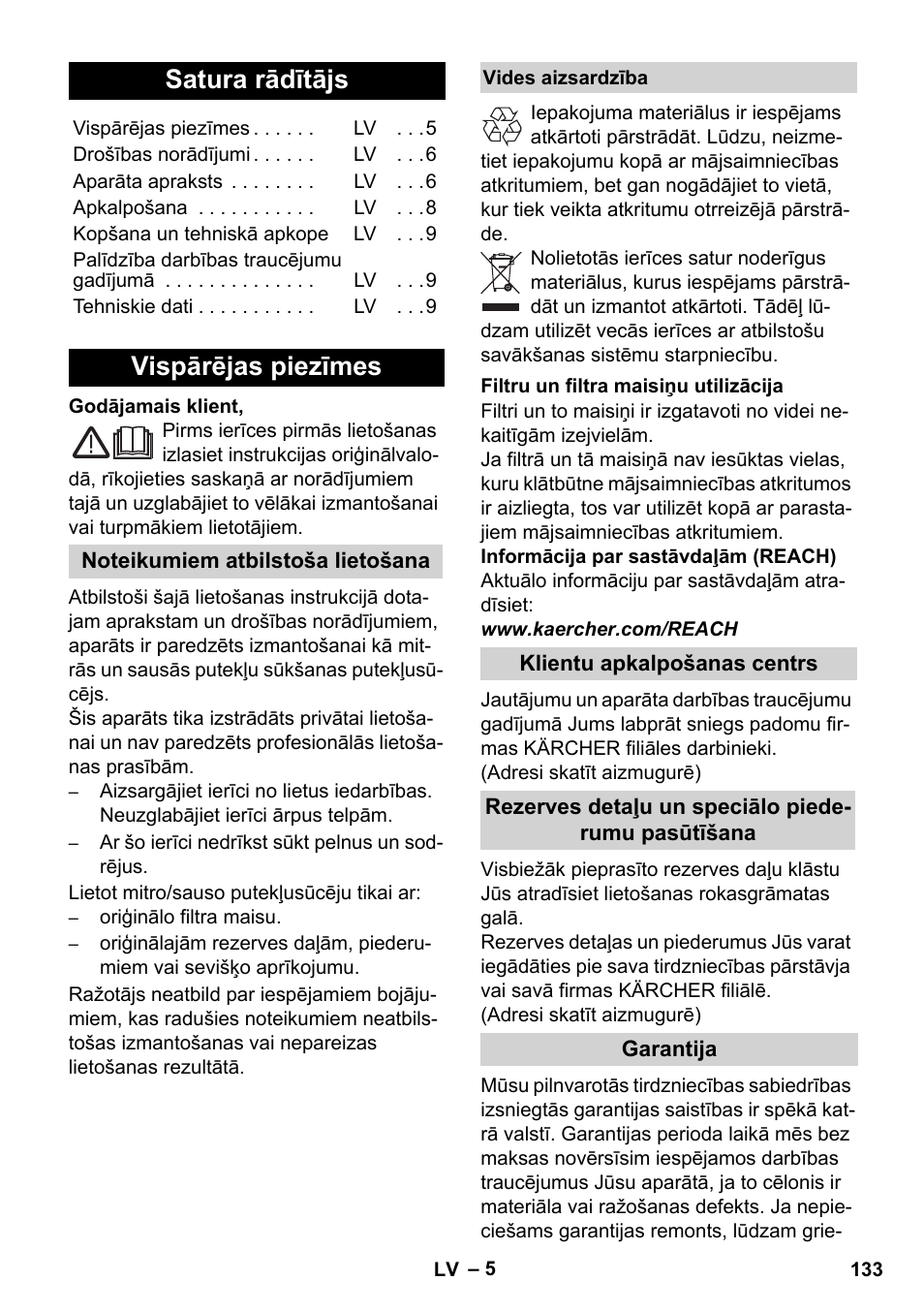 Latviešu, Satura rādītājs, Vispārējas piezīmes | Karcher WD 5-800 eco!ogic User Manual | Page 133 / 158