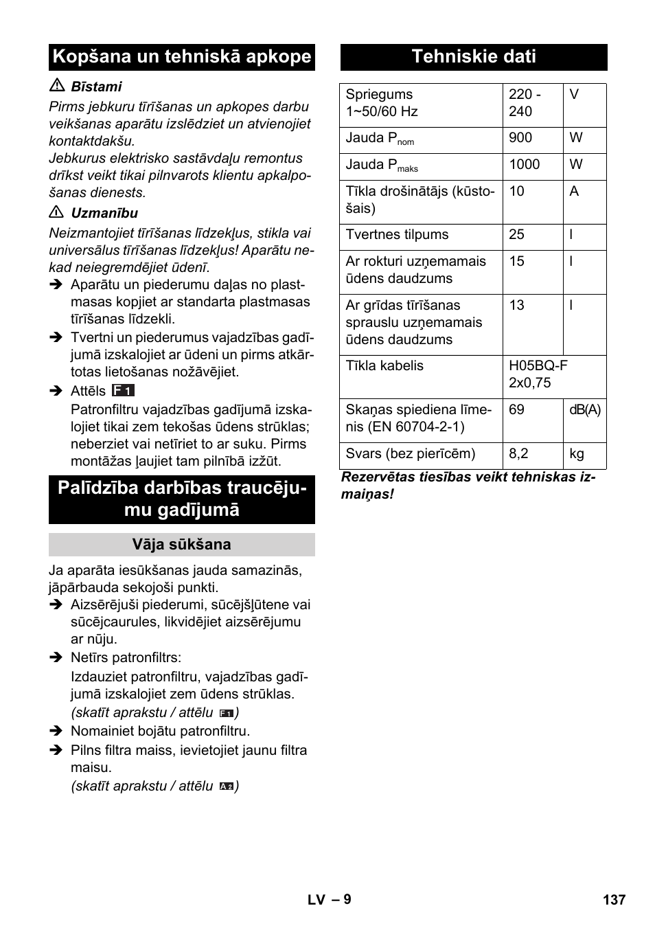 Tehniskie dati | Karcher WD 5-800 eco!ogic User Manual | Page 137 / 158