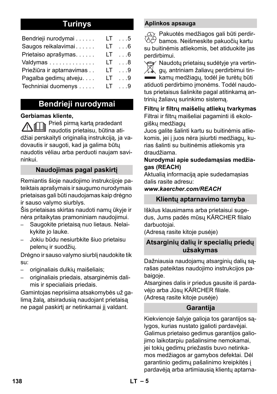 Lietuviškai, Turinys, Bendrieji nurodymai | Karcher WD 5-800 eco!ogic User Manual | Page 138 / 158