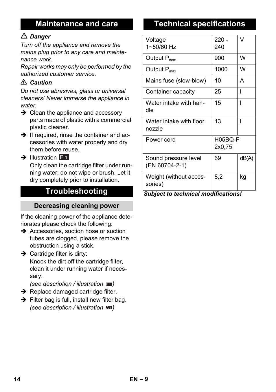 Maintenance and care troubleshooting, Technical specifications | Karcher WD 5-800 eco!ogic User Manual | Page 14 / 158