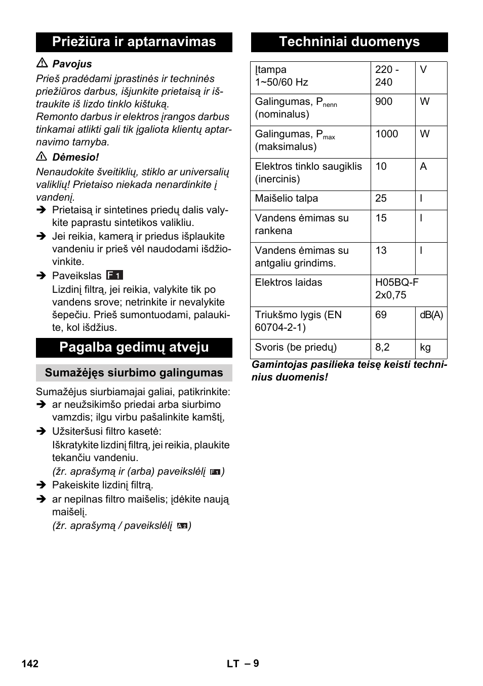 Priežiūra ir aptarnavimas pagalba gedimų atveju, Techniniai duomenys | Karcher WD 5-800 eco!ogic User Manual | Page 142 / 158