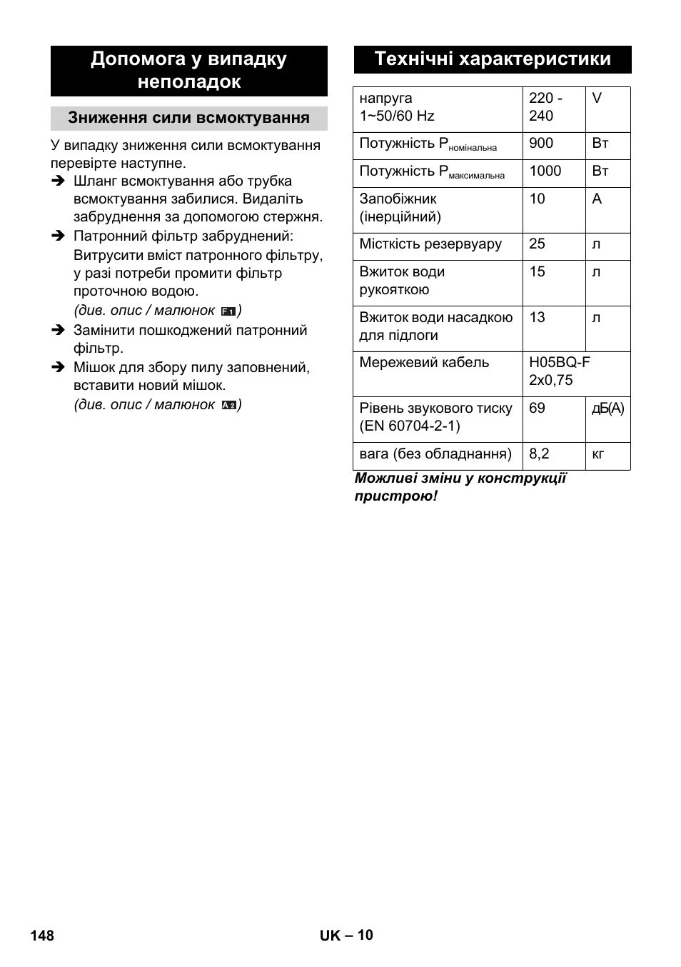 Допомога у випадку неполадок, Технічні характеристики | Karcher WD 5-800 eco!ogic User Manual | Page 148 / 158