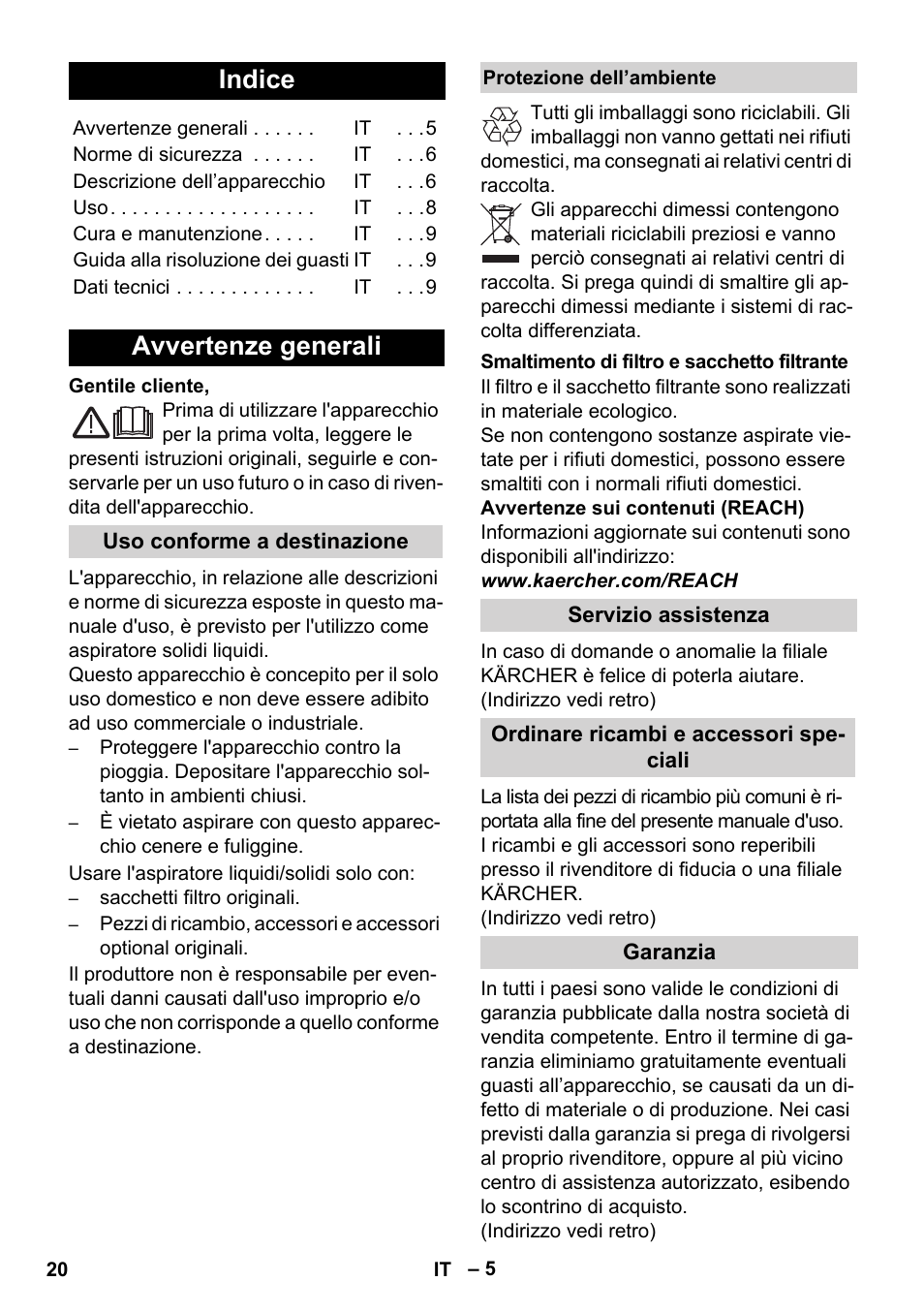 Italiano, Indice, Avvertenze generali | Karcher WD 5-800 eco!ogic User Manual | Page 20 / 158