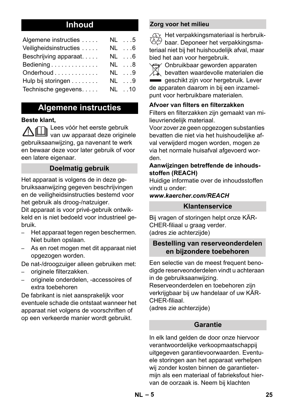 Nederlands, Inhoud, Algemene instructies | Karcher WD 5-800 eco!ogic User Manual | Page 25 / 158