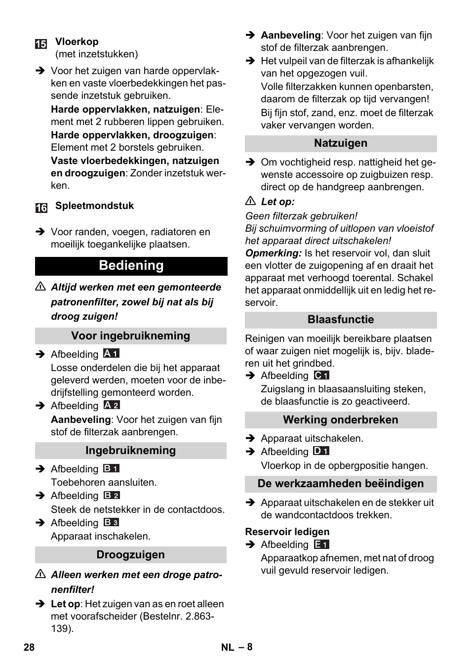 Bediening | Karcher WD 5-800 eco!ogic User Manual | Page 28 / 158