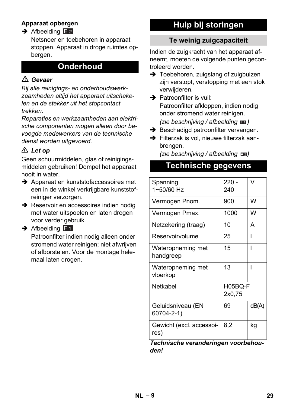 Onderhoud hulp bij storingen, Technische gegevens | Karcher WD 5-800 eco!ogic User Manual | Page 29 / 158