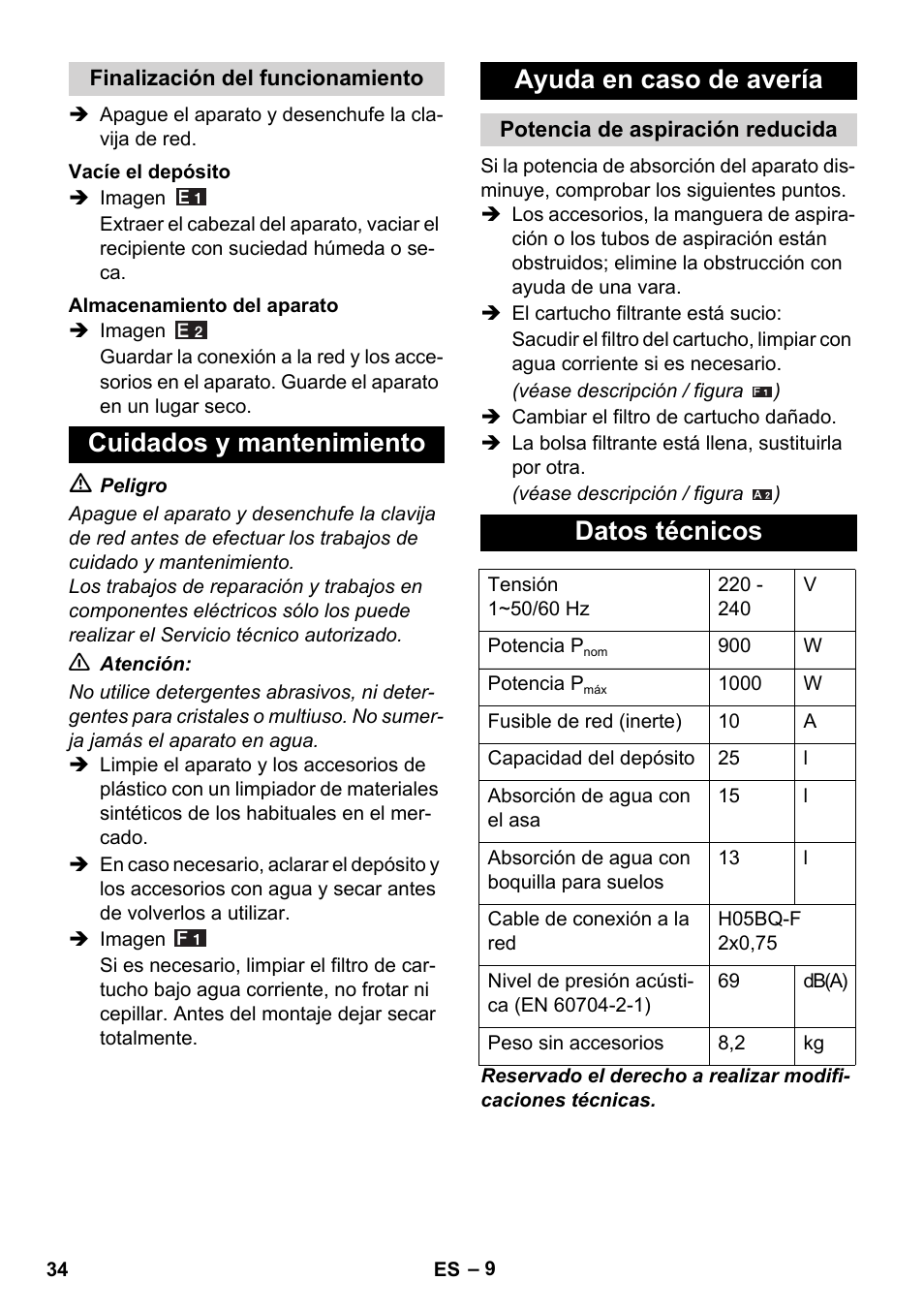 Cuidados y mantenimiento ayuda en caso de avería, Datos técnicos | Karcher WD 5-800 eco!ogic User Manual | Page 34 / 158