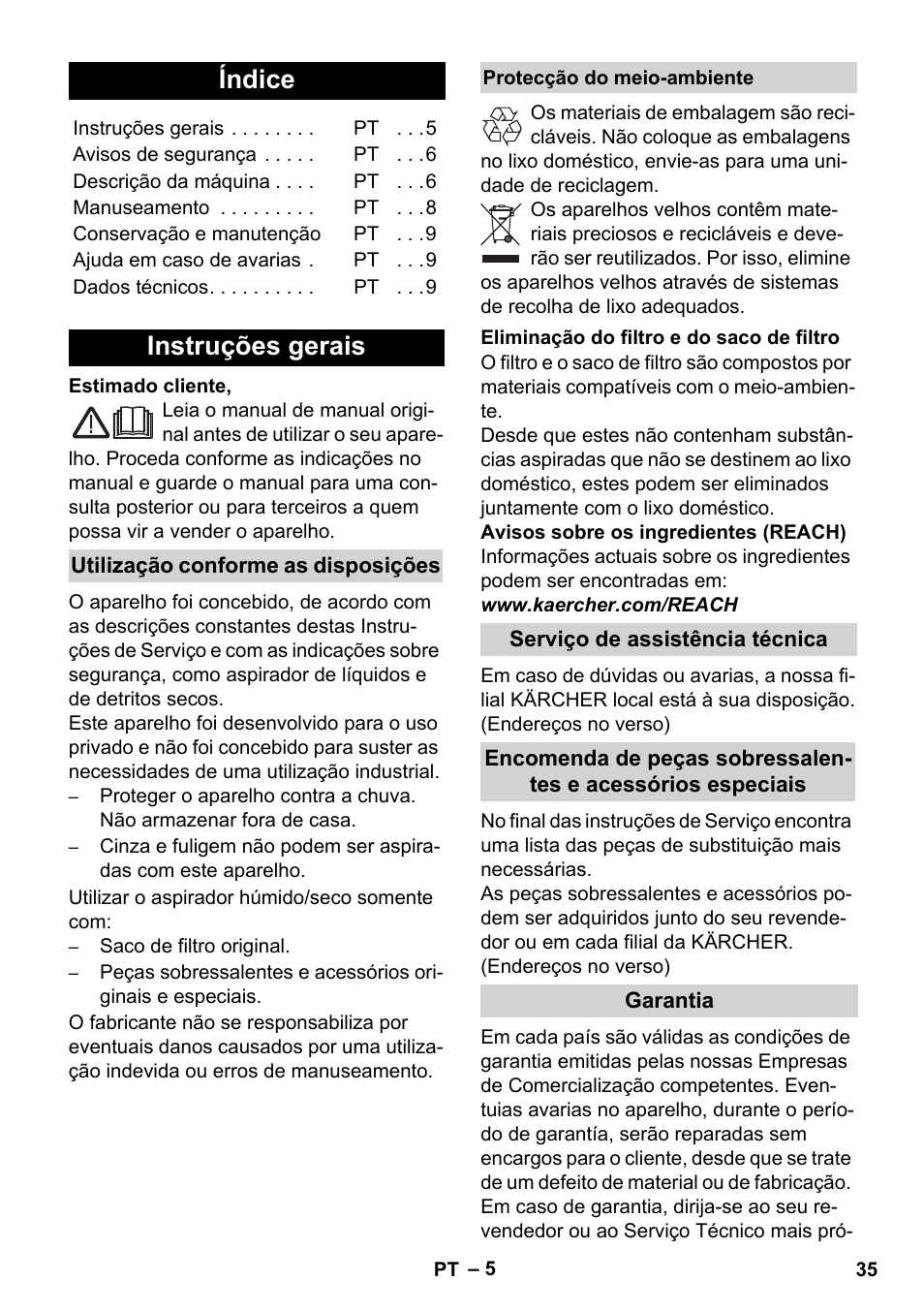 Português, Índice, Instruções gerais | Karcher WD 5-800 eco!ogic User Manual | Page 35 / 158