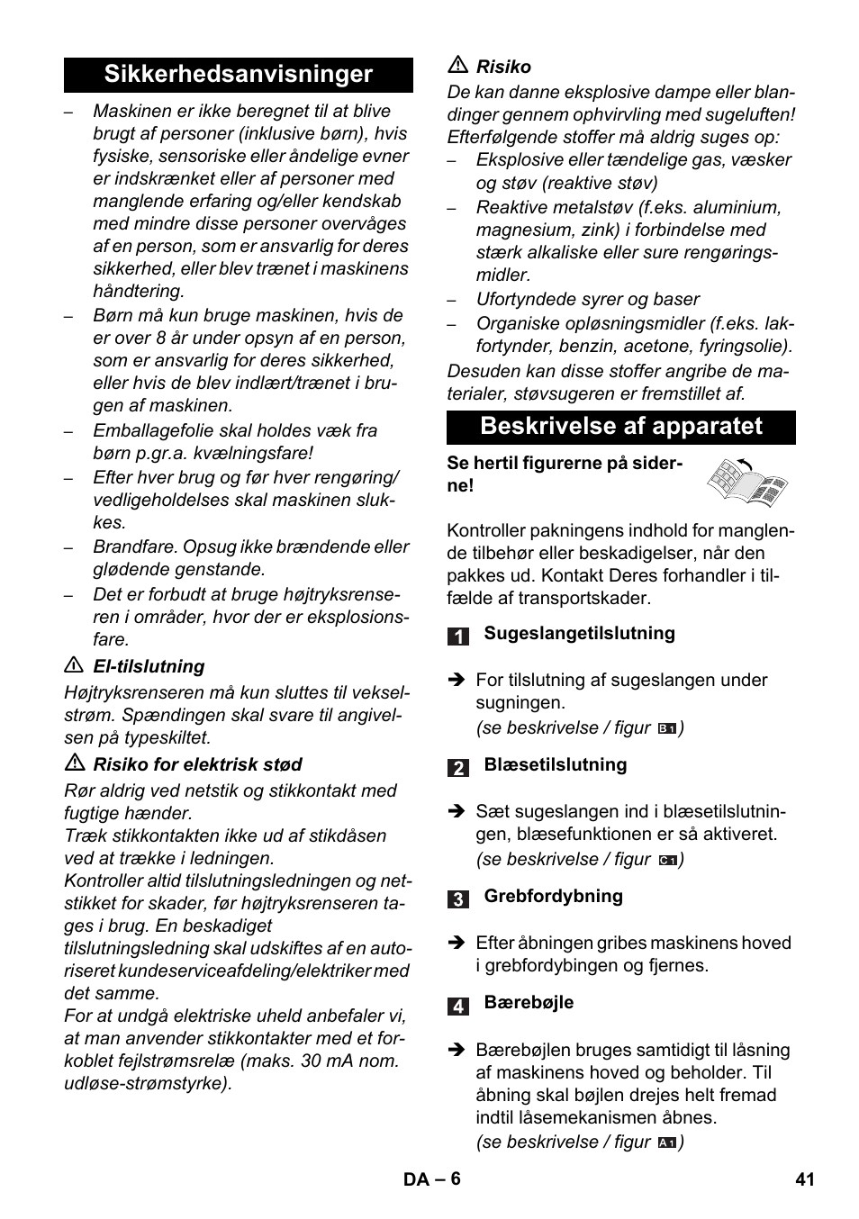 Sikkerhedsanvisninger beskrivelse af apparatet | Karcher WD 5-800 eco!ogic User Manual | Page 41 / 158