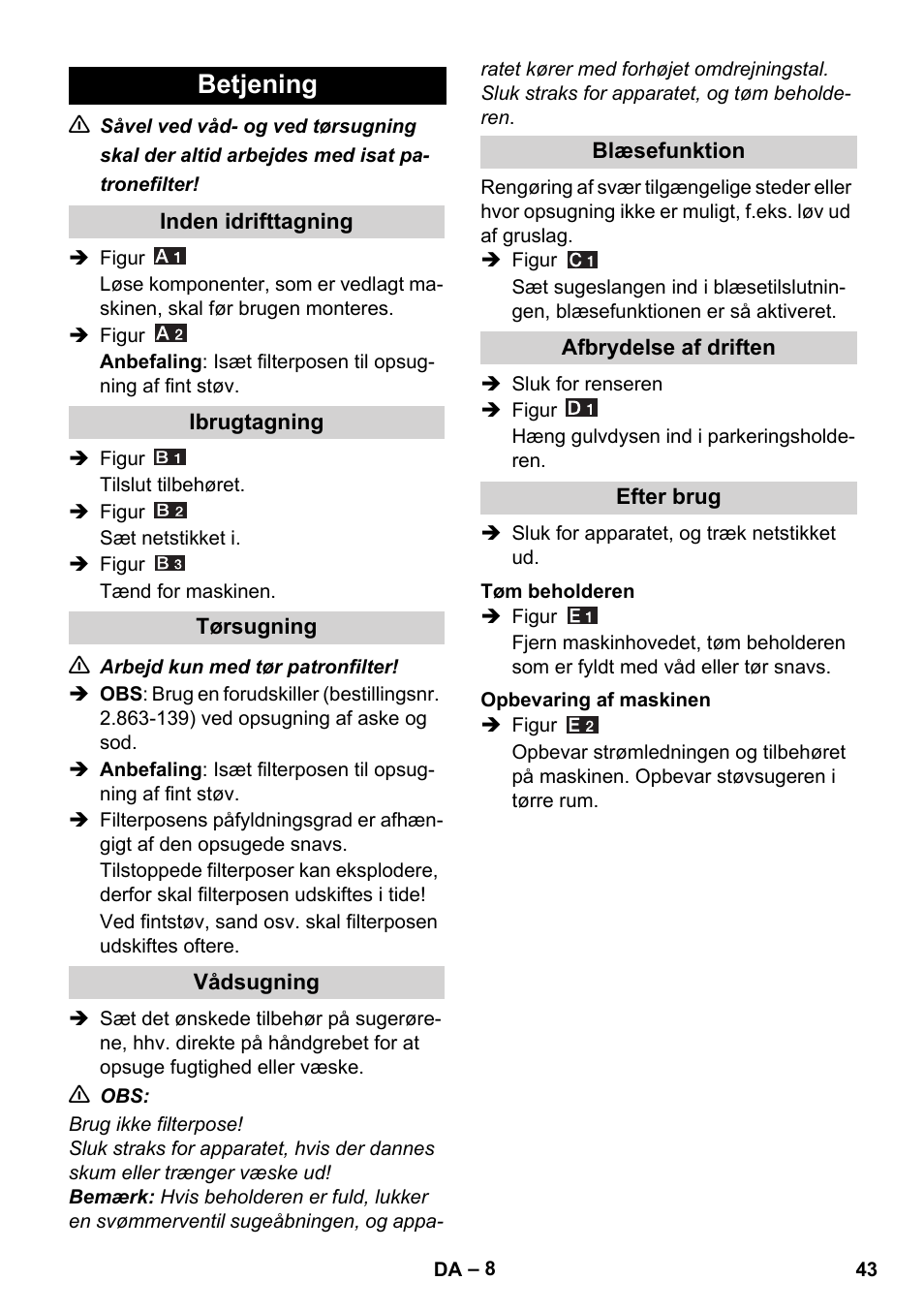 Betjening | Karcher WD 5-800 eco!ogic User Manual | Page 43 / 158