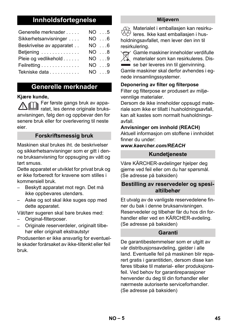 Norsk, Innholdsfortegnelse, Generelle merknader | Karcher WD 5-800 eco!ogic User Manual | Page 45 / 158