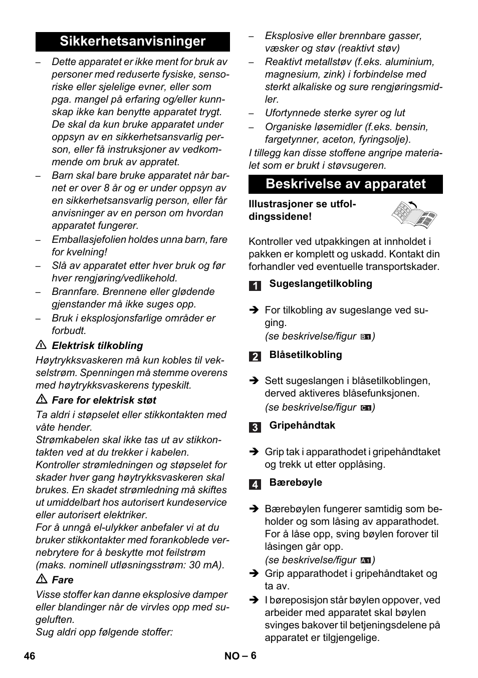 Sikkerhetsanvisninger beskrivelse av apparatet | Karcher WD 5-800 eco!ogic User Manual | Page 46 / 158