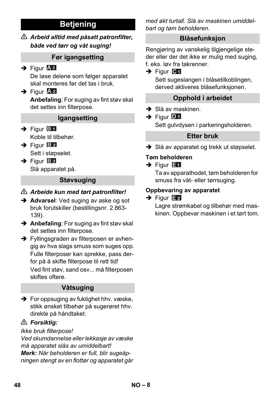 Betjening | Karcher WD 5-800 eco!ogic User Manual | Page 48 / 158