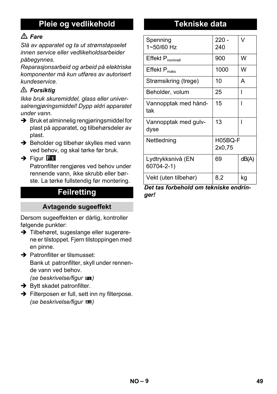 Pleie og vedlikehold feilretting, Tekniske data | Karcher WD 5-800 eco!ogic User Manual | Page 49 / 158