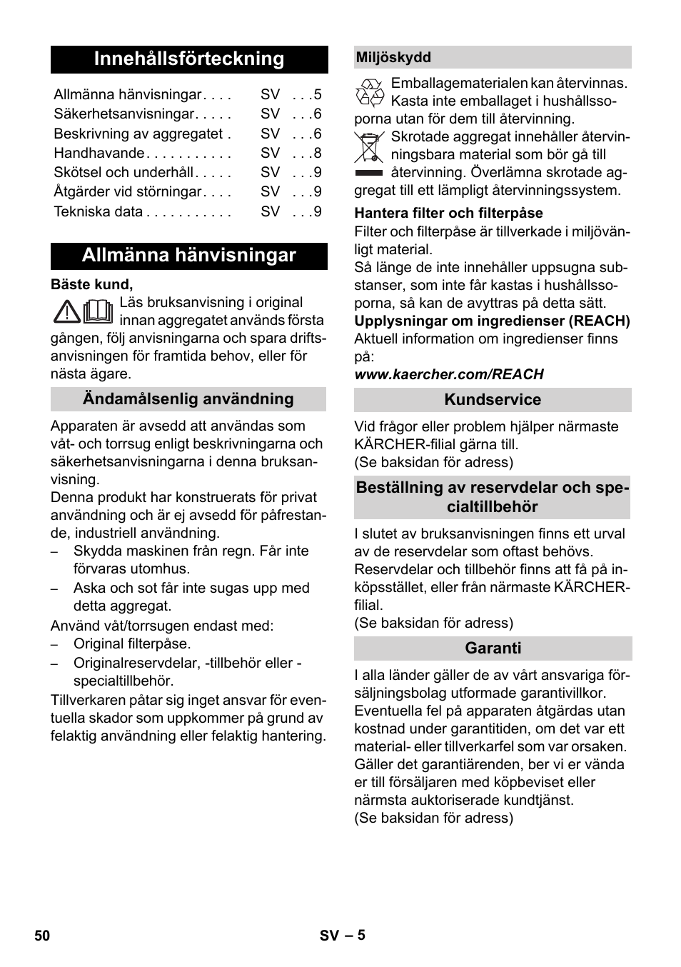 Svenska, Innehållsförteckning, Allmänna hänvisningar | Karcher WD 5-800 eco!ogic User Manual | Page 50 / 158