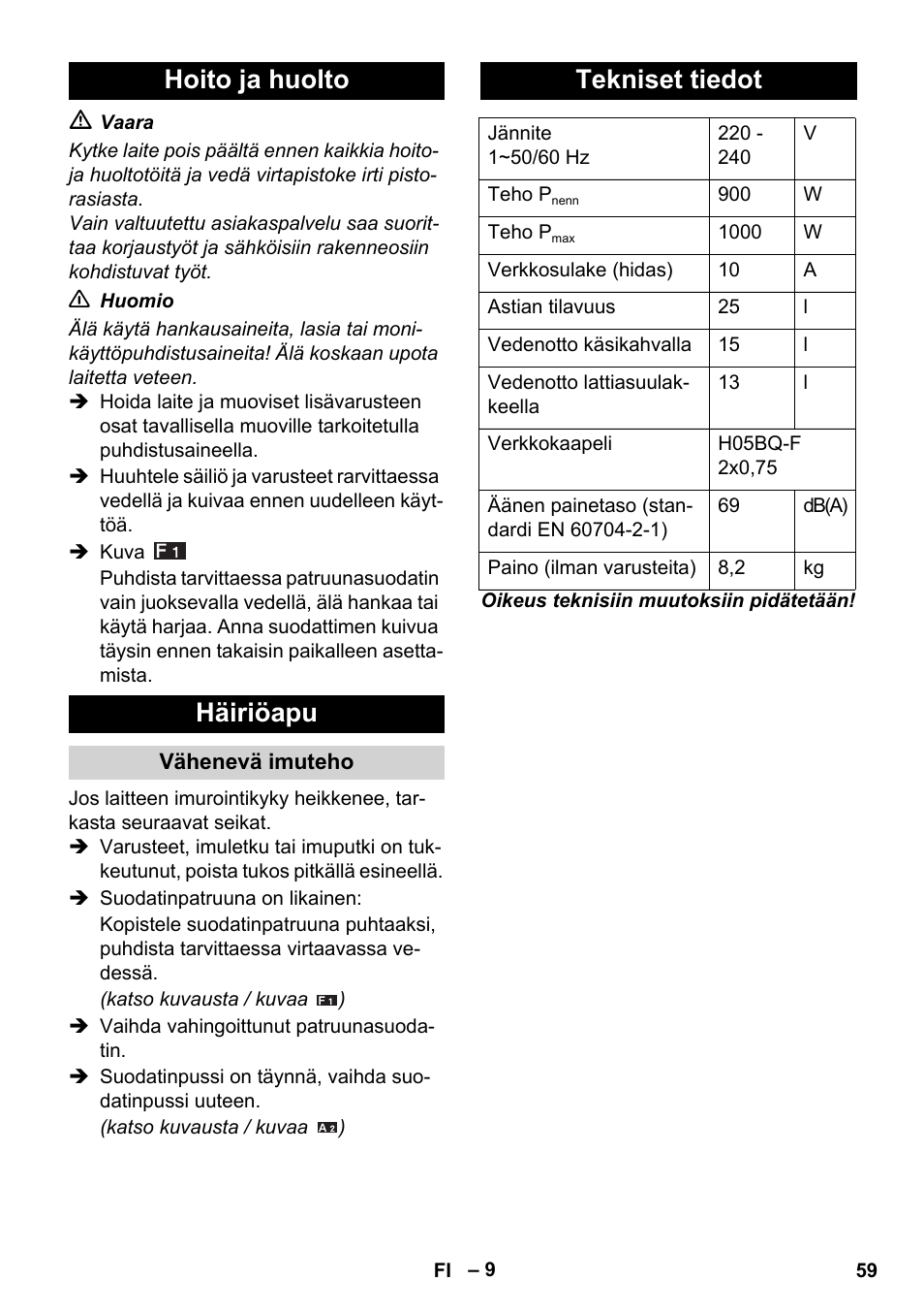 Hoito ja huolto häiriöapu, Tekniset tiedot | Karcher WD 5-800 eco!ogic User Manual | Page 59 / 158