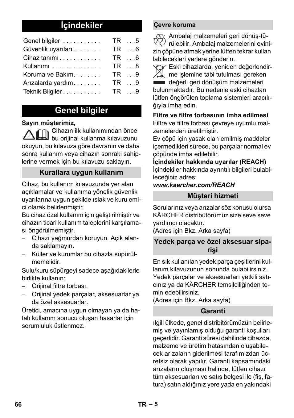 Türkçe, Içindekiler, Genel bilgiler | Karcher WD 5-800 eco!ogic User Manual | Page 66 / 158