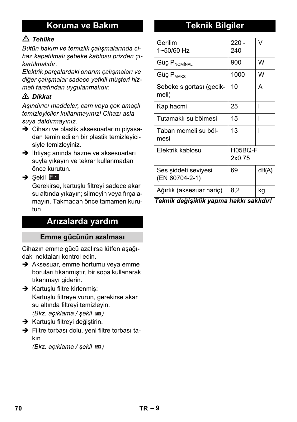 Koruma ve bakım arızalarda yardım, Teknik bilgiler | Karcher WD 5-800 eco!ogic User Manual | Page 70 / 158
