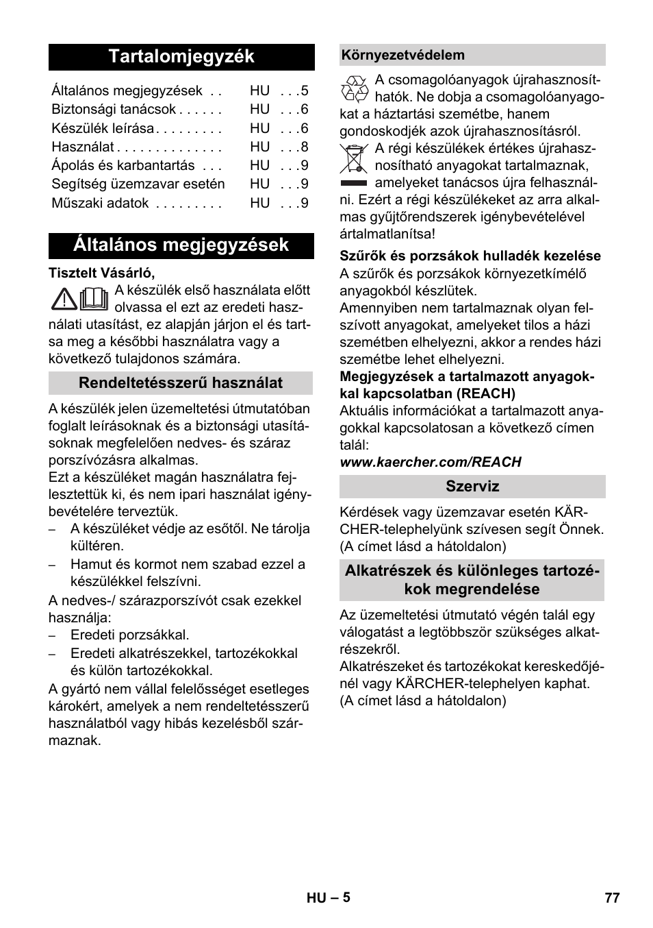 Magyar, Tartalomjegyzék, Általános megjegyzések | Karcher WD 5-800 eco!ogic User Manual | Page 77 / 158