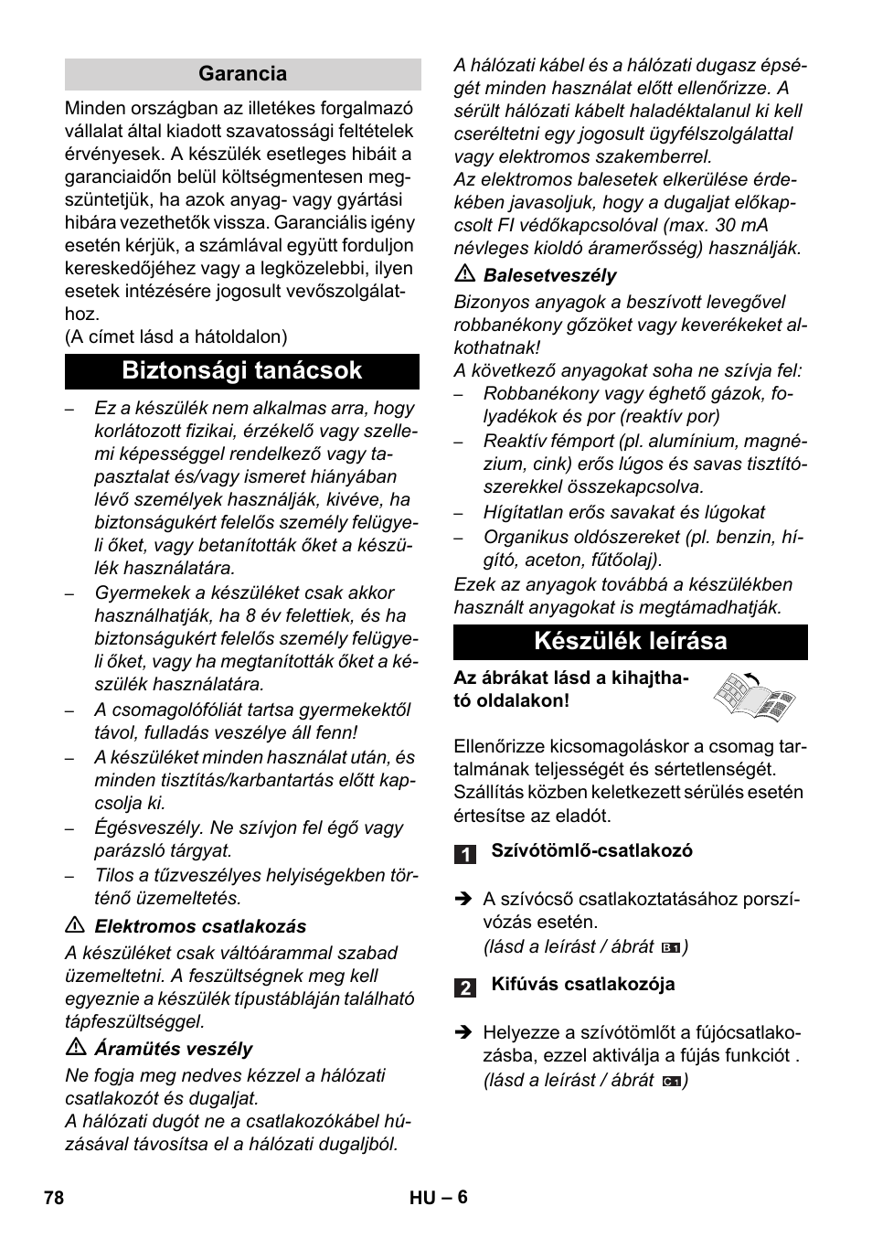 Biztonsági tanácsok készülék leírása | Karcher WD 5-800 eco!ogic User Manual | Page 78 / 158