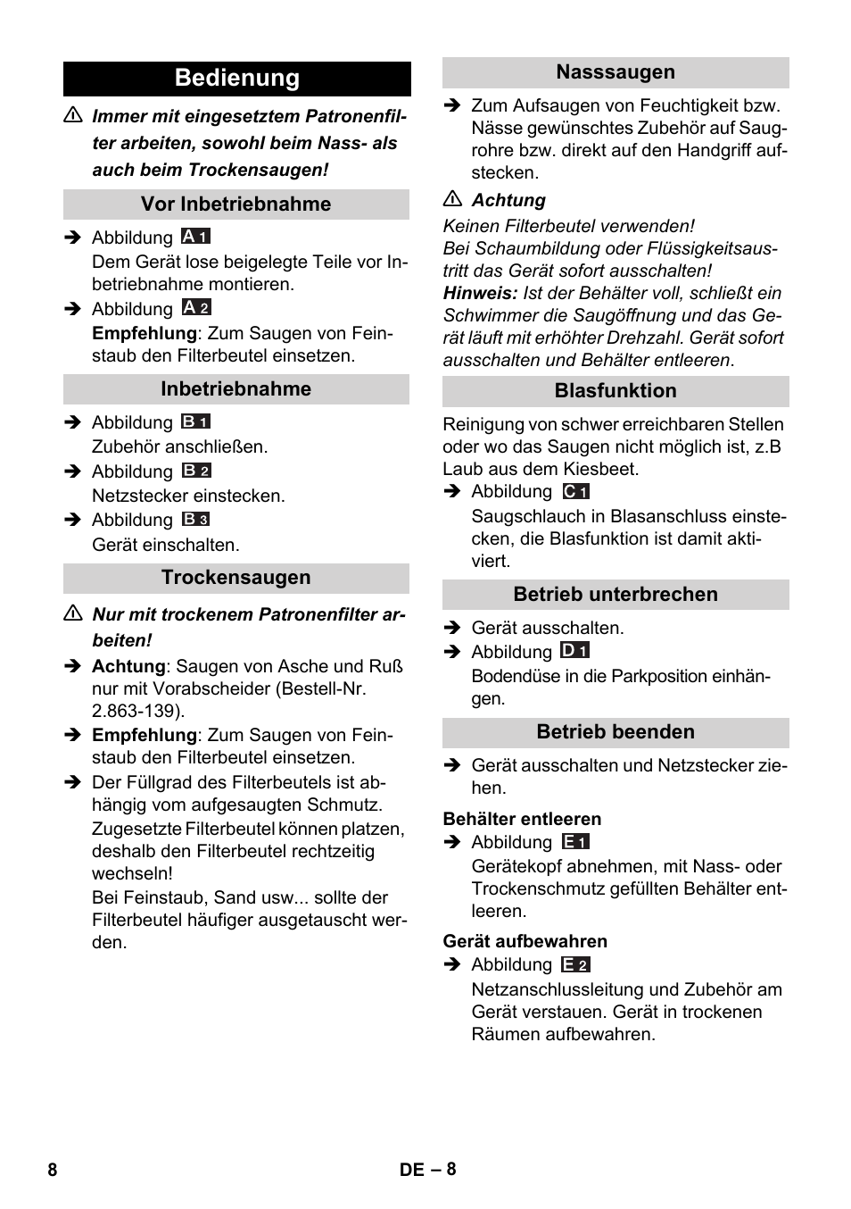 Bedienung | Karcher WD 5-800 eco!ogic User Manual | Page 8 / 158