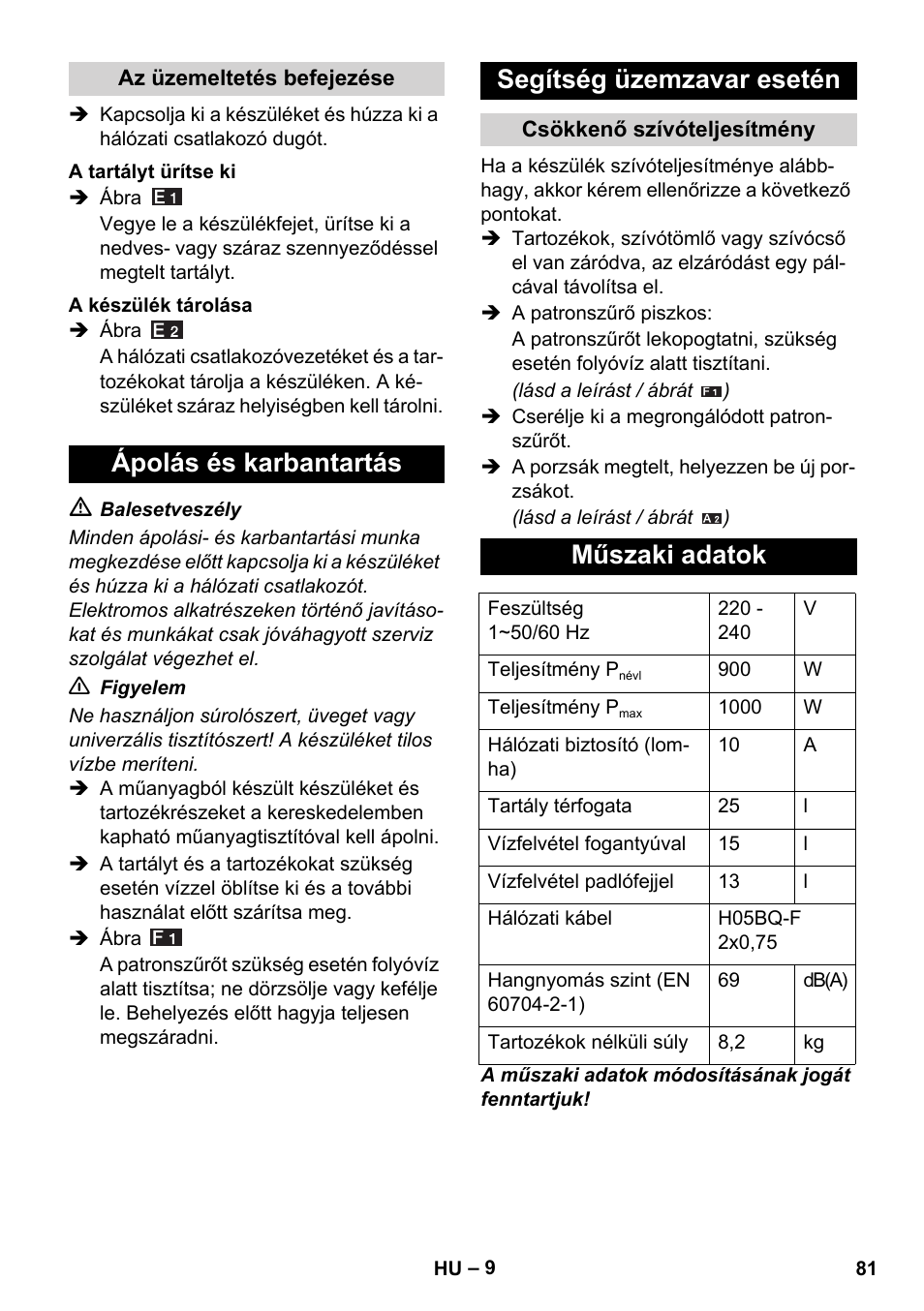 Ápolás és karbantartás segítség üzemzavar esetén, Műszaki adatok | Karcher WD 5-800 eco!ogic User Manual | Page 81 / 158