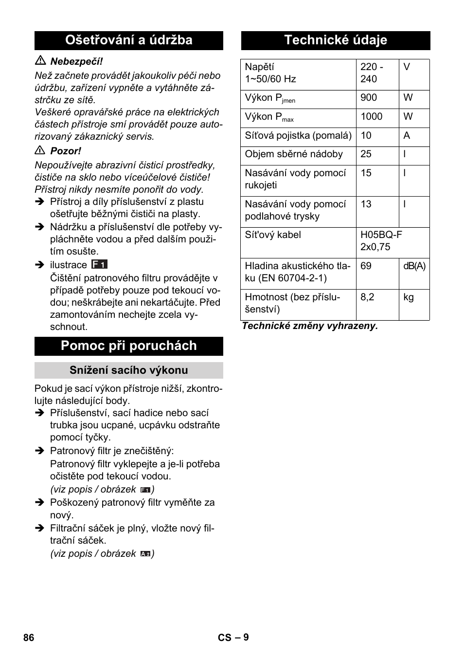 Ošetřování a údržba pomoc při poruchách, Technické údaje | Karcher WD 5-800 eco!ogic User Manual | Page 86 / 158