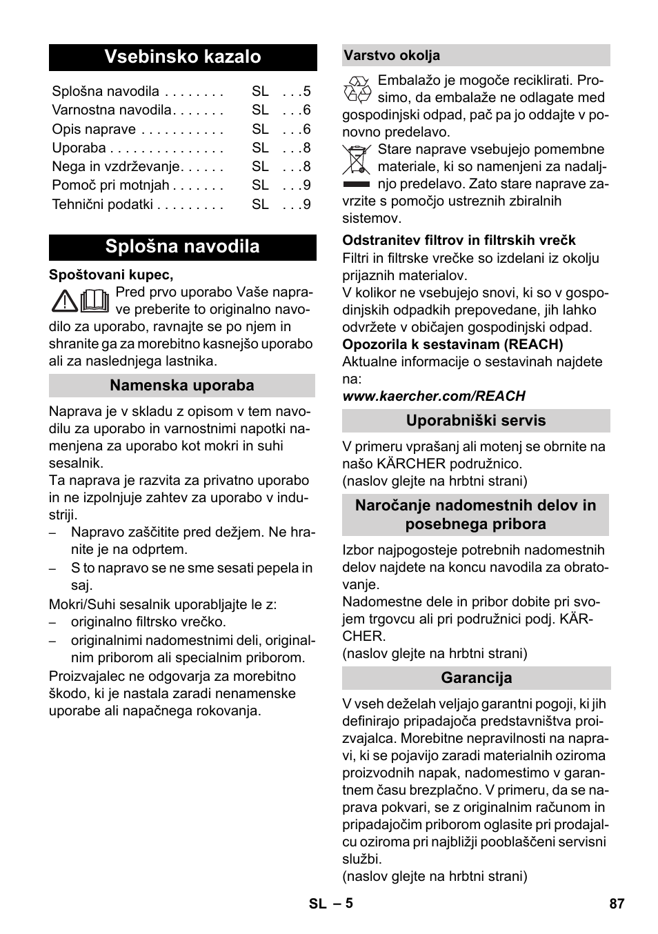 Slovenščina, Vsebinsko kazalo, Splošna navodila | Karcher WD 5-800 eco!ogic User Manual | Page 87 / 158