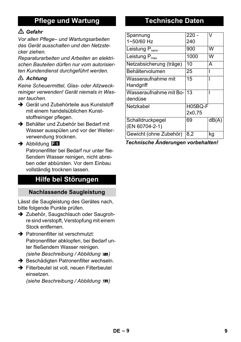 Pflege und wartung hilfe bei störungen, Technische daten | Karcher WD 5-800 eco!ogic User Manual | Page 9 / 158