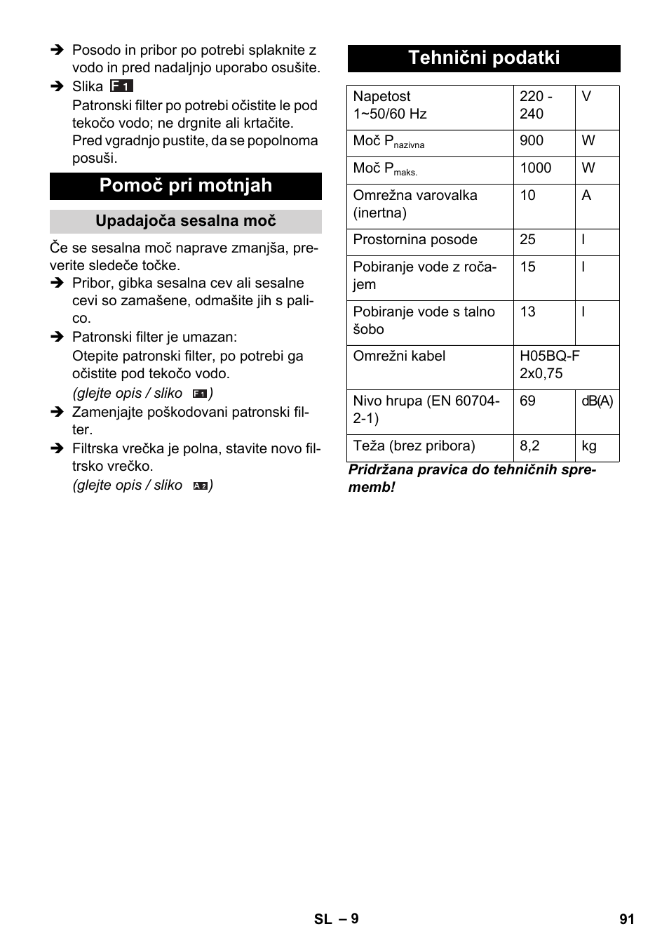 Pomoč pri motnjah, Tehnični podatki | Karcher WD 5-800 eco!ogic User Manual | Page 91 / 158