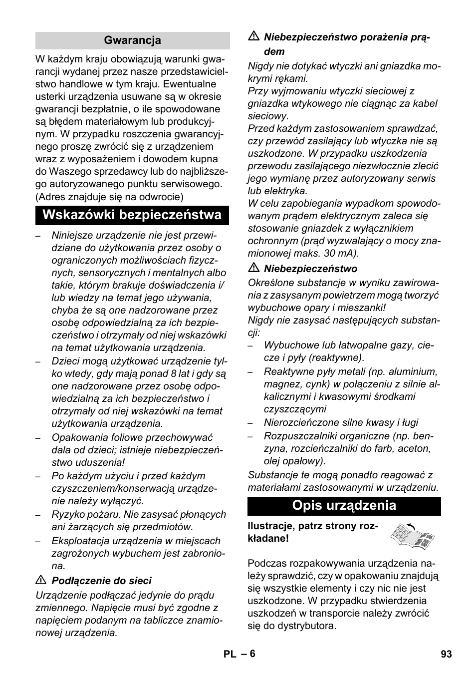 Wskazówki bezpieczeństwa opis urządzenia | Karcher WD 5-800 eco!ogic User Manual | Page 93 / 158